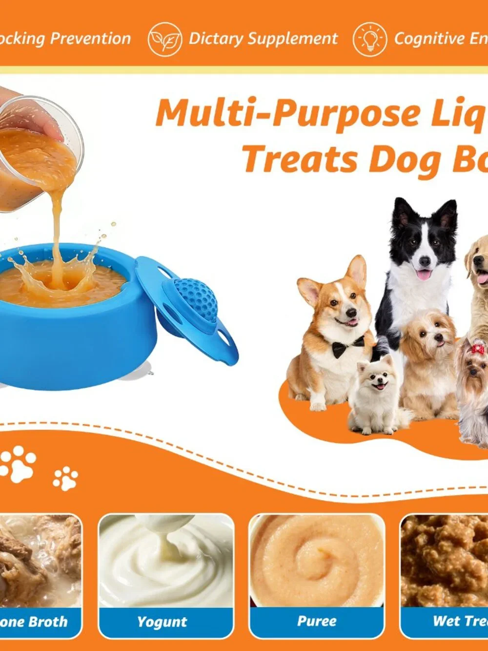 Slow Feeder Dog Bowl with Built-in Rolling Ball for Liquid Treats and Bone Broth